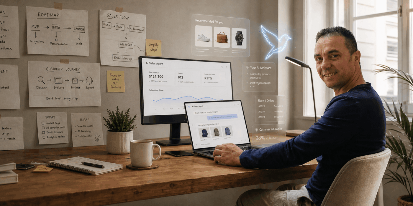 Eyal, founder of 1 TukiAI, working on an AI sales and service agent for WooCommerce stores with dashboards, product sketches, and startup planning notes.