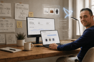 Eyal, founder of 1 TukiAI, working on an AI sales and service agent for WooCommerce stores with dashboards, product sketches, and startup planning notes.