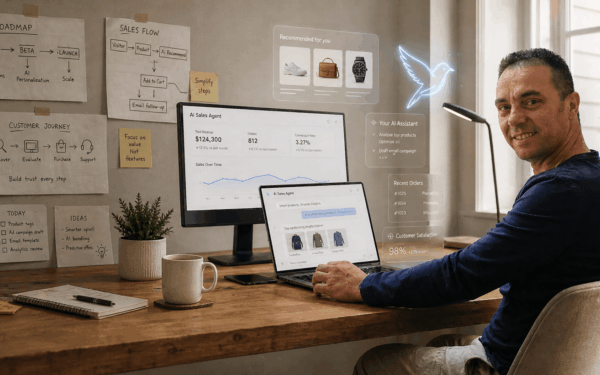 Eyal, founder of 1 TukiAI, working on an AI sales and service agent for WooCommerce stores with dashboards, product sketches, and startup planning notes.