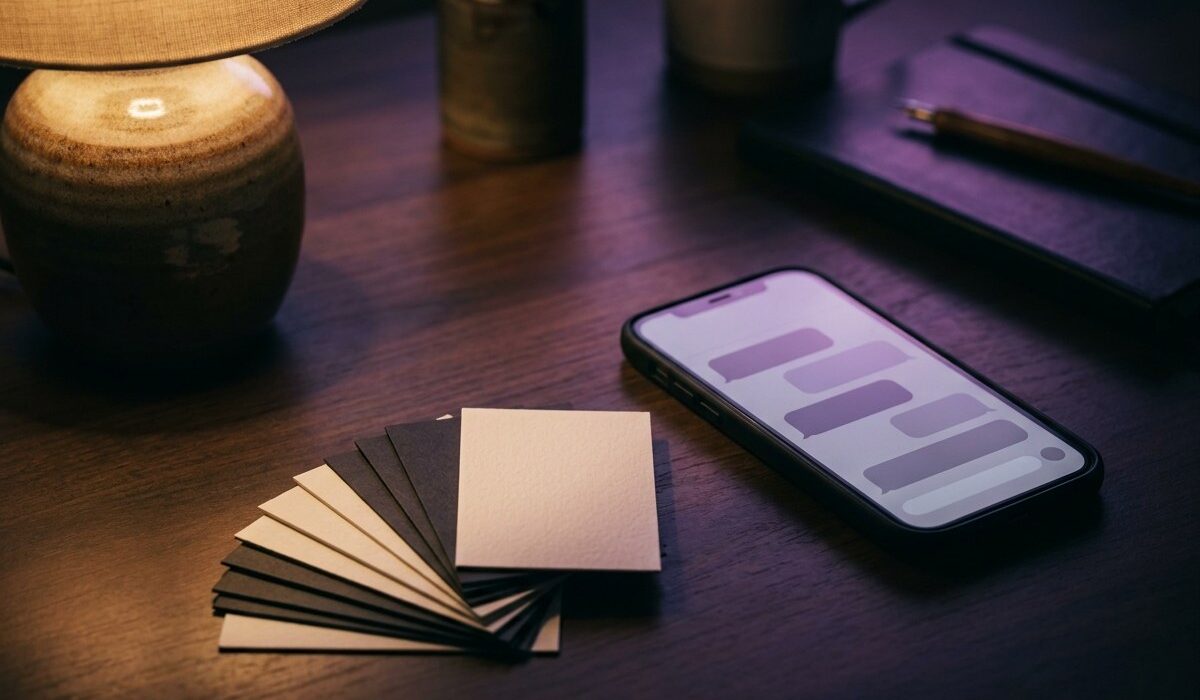 A dark desk lit by one lamp: a phone showing abstract chat bubbles beside a fan of cards, most face down.
