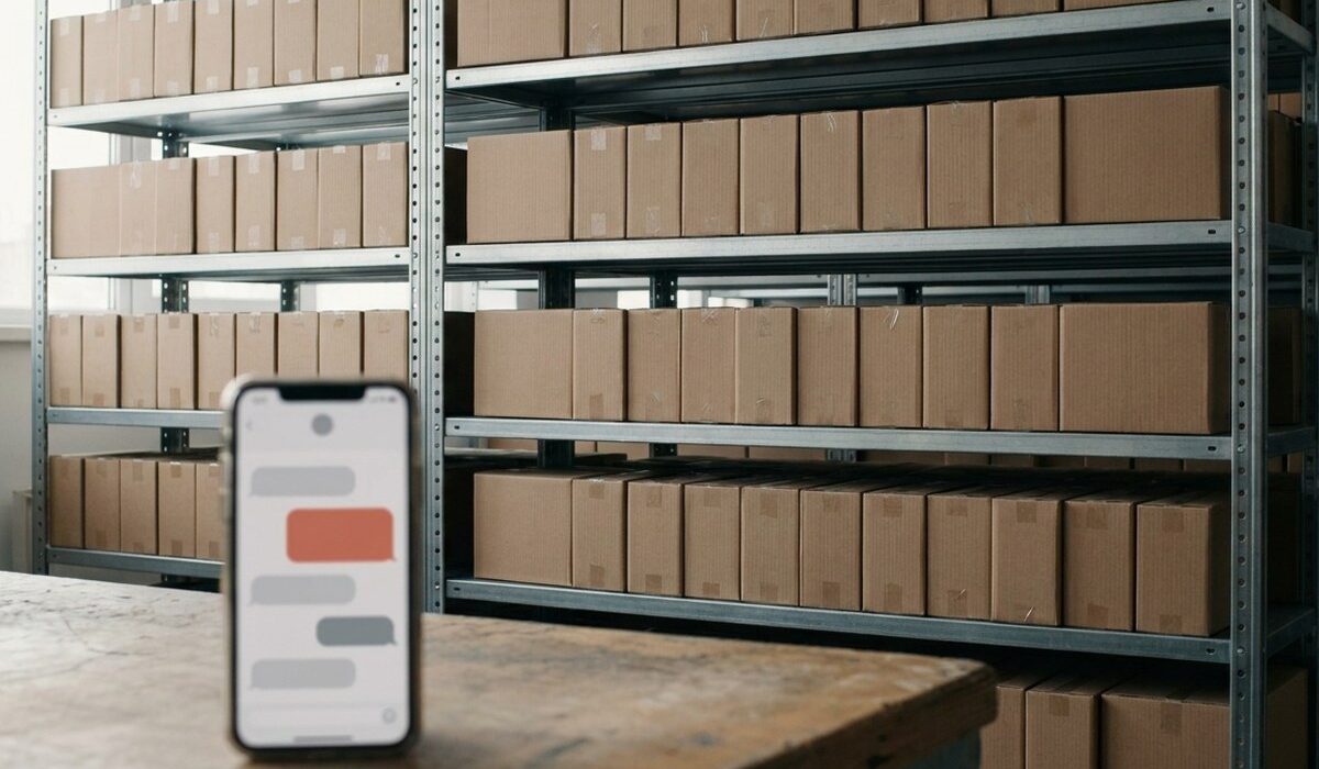Warehouse shelves packed with identical boxes, and a phone in the foreground showing a chat with one red bubble.