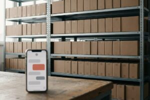 Warehouse shelves packed with identical boxes, and a phone in the foreground showing a chat with one red bubble.