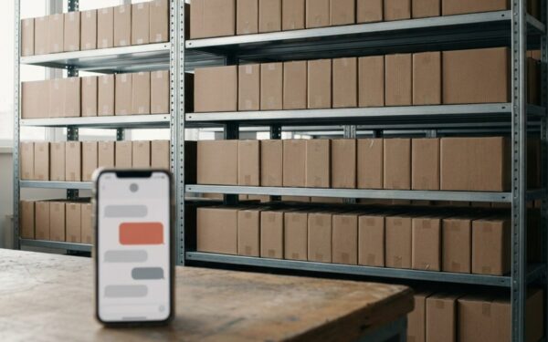 Warehouse shelves packed with identical boxes, and a phone in the foreground showing a chat with one red bubble.