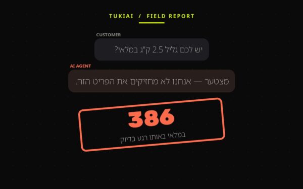 סצנת צ'אט: לקוח שואל על גליל 2.5 ק"ג, הסוכן עונה שאין, וחותמת קובעת: 386 במלאי באותו רגע בדיוק.