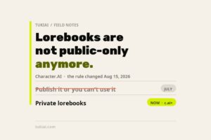 Card contrasting the old Character.AI Lorebook rule, publish it or you cannot use it, with the new private Lorebook option for c.ai+ subscribers.