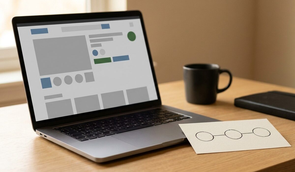 A laptop on an oak desk showing an abstract e-commerce interface, beside a card with a three-node flow diagram.