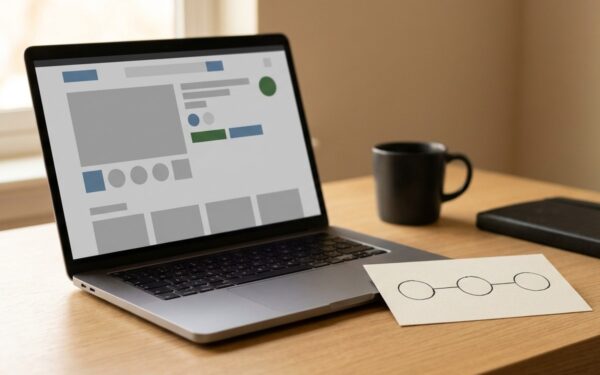 A laptop on an oak desk showing an abstract e-commerce interface, beside a card with a three-node flow diagram.